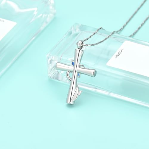 Butterfly Cross Urn Necklace for Ashes Birthstone Cremation Jewelry for Men Women Ashes Pendant Keepsake Memorial Ash Jewelry - color: Silver-Blue