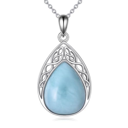CRMAD Larimar/Opal/Lapis Lazuli/Tourmaline/Malachite/Labradorite/Turquoise/Onyx/Rose Quartz/Amber/Peridot Necklace for Women 925 Sterling Silver Teardrop Pendant Jewelry Gifts - color: larimar