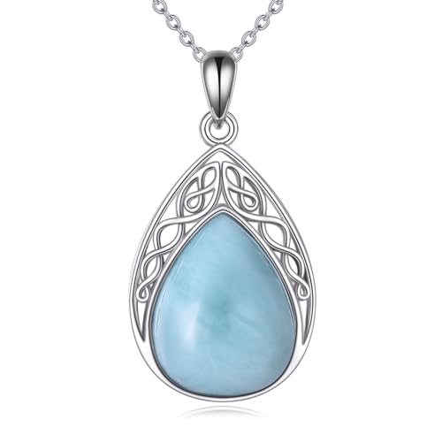 CRMAD Larimar/Opal/Lapis Lazuli/Tourmaline/Malachite/Labradorite/Turquoise/Onyx/Rose Quartz/Amber/Peridot Necklace for Women 925 Sterling Silver Teardrop Pendant Jewelry Gifts - color: larimar