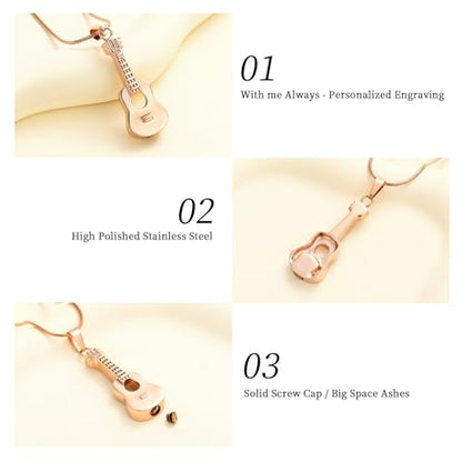 Oinsi Guitar Urn Necklace for Ashes Cremation Pendants Jewelry Ashes Holder Memorial Urn Necklace Cremation Jewelry for Human with Filling Kits - color: Rose Gold