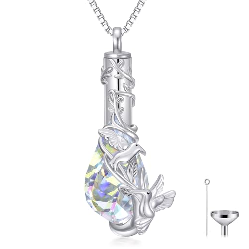 JKR Heart Urn Necklace for Ashes Crystal Keepsake Pendant Memorial Jewelry - style: Hummingbird-Teardrop