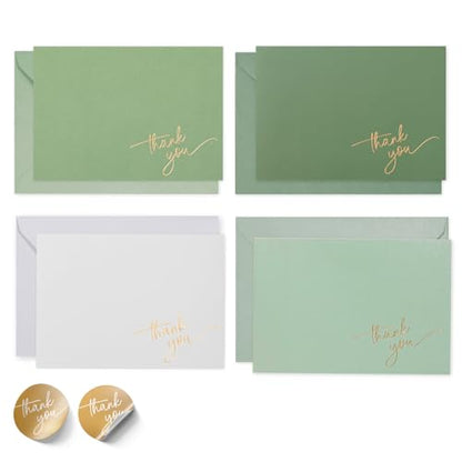 Gold Foil Thank You Cards - Bulk Pack of 40, 5x3.5 Inch with Matching Stickers & Envelopes (Green) Textured Surface for a Unique Feel - Suitable for Baby Shower, Wedding, Small Business, Graduation | 5 x 3.5 Inches, Green Textured Surface, Thank You Stick