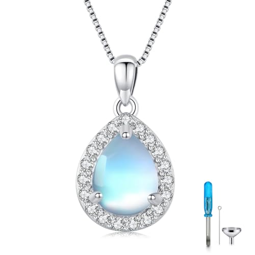 Urn necklace for Ashes 925 Sterling Silver Opal/Turquoise/Moonstone/Moss agate Pendant Cremation Memory Jewelry Keepsake Gifts for Women - style: Moonstone