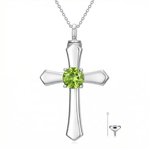 YYB Urn Necklace for Ashes Women Heart Birthstone Cross Cremation Jewelry | Memorial Keepsake Funeral Jewelry for Loved Ones (with Funnel Filler) - color: 08--Peridot August