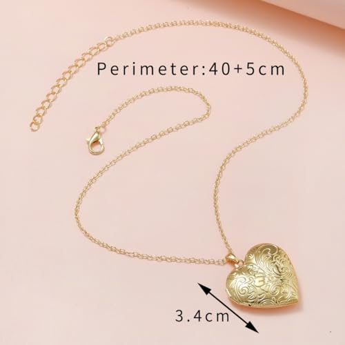 Locket Picture Pendant Heart Necklace,Retro Carved Flower Relief Pattern Oval Center Necklace Souvenir Memorial Clavicle Jewelry for Women - color: silver heart