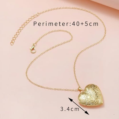 Locket Picture Pendant Heart Necklace,Retro Carved Flower Relief Pattern Oval Center Necklace Souvenir Memorial Clavicle Jewelry for Women - color: silver heart