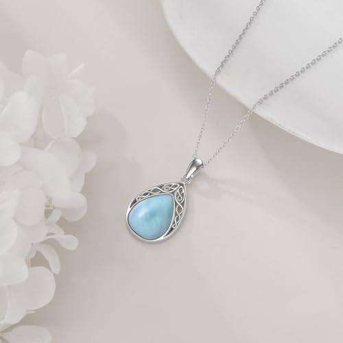 CRMAD Larimar/Opal/Lapis Lazuli/Tourmaline/Malachite/Labradorite/Turquoise/Onyx/Rose Quartz/Amber/Peridot Necklace for Women 925 Sterling Silver Teardrop Pendant Jewelry Gifts - color: larimar