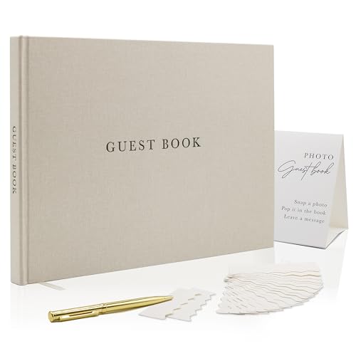 Real Linen Guest Book Set - 11.5 x 8.5 Embossed Guestbook for Weddings, Showers, Events, Blank & Lined, Comes with Sign, Pen, Box and Photo Sleeves, 120 Pages (Beige) - color: Beige
