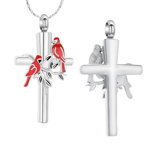 constantlife Cardinal Urn Necklace for Ashes Stainless Steel Red Blue Bird Pendant Cremation Keepsake Human Pet Memorial Jewelry for Women Men - color: Cross-Customize