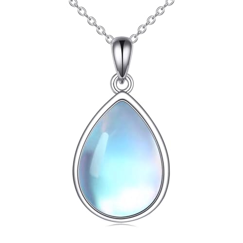 CRMAD Larimar/Opal/Lapis Lazuli/Tourmaline/Malachite/Labradorite/Turquoise/Onyx/Rose Quartz/Amber/Peridot Necklace for Women 925 Sterling Silver Teardrop Pendant Jewelry Gifts - color: Moonstone