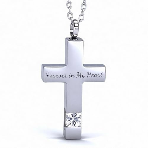 Cross Urn Necklace for Ashes Birthstone Cremation Jewelry Keepsake Pendant for Women Men with Funnel Filler Kit Memorial Gifts for Human Pet Forever in my heart - color: Silver White