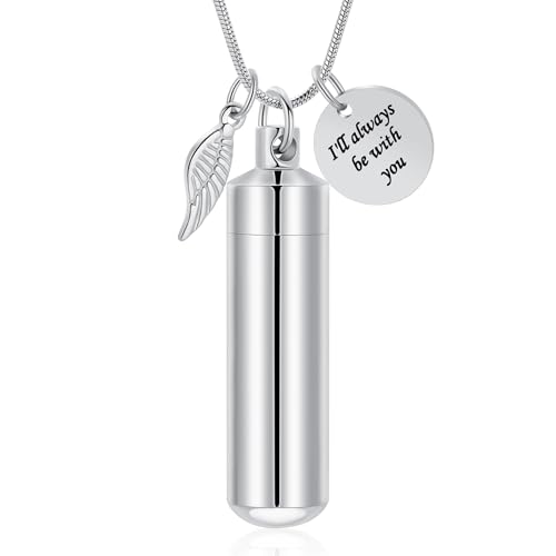Cylinder Urn Necklace for Ashes with Glass Vials Cremation Jewelry Stainless Steel Ash Holder Keepsake Memorial Jewelry with Fill Tool - color: Silver-B