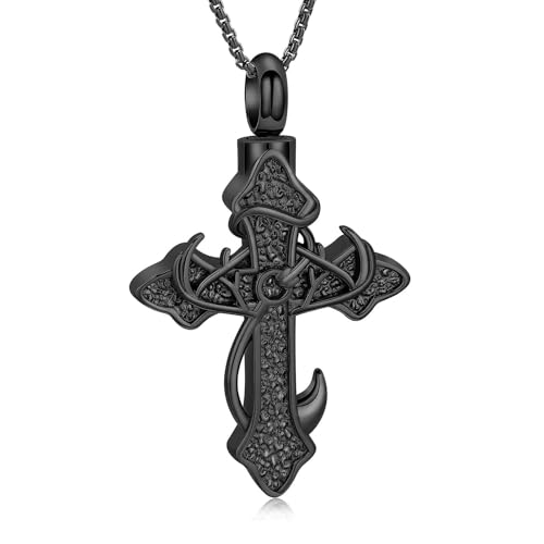 zeqingjw Cross Urn Necklace Fish Hook Cremation Jewelry for Ashes Pendant Stainless Steel Deer Antler Cross Memorial Human Pet Keepsake Ashes Holder for Men Women - color: Z-Black