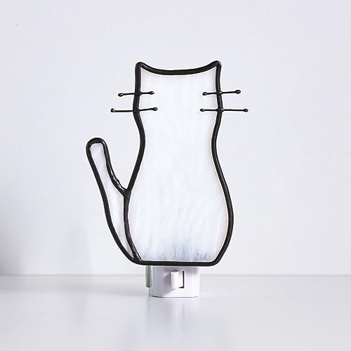 BOXCASA White Cat Night Light Stained Glass Lamp Warm Yellow Plug in | Stained Glass Cat Night Light for Living Room Bedroom Hallway Kids Room Kitchen Stairs Cat Lover Gifts Women Girls Home Decor - color: C