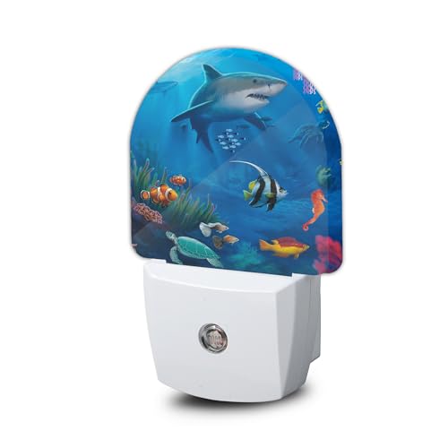 Summer Shark Night Light,Turtle Fish Nightlight Plug into Wall with Dusk to Dawn Sensor, LED Lamp Energy Saving Lights for Men Women Boys Girls,Lamp for Bedroom Bathroom Hallway - color: Tropical Underwater World