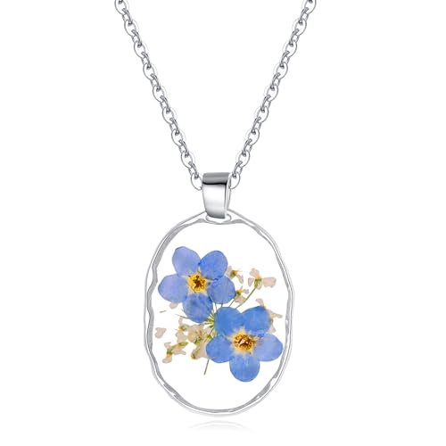 AUNTESIGN Forget-Me-Not and Queen Anne's Lace Pressed Wildflower Necklace | Birth Month Flowers Necklace | Gold/Silver Pressed Flower Jewelry | Mother's Day | Gift For Her - color: Silver Forget-Me-Not Necklace