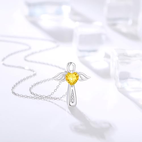 YLT S925 Sterling Silver Cross Angel Wings Necklace for Ashes | Cremation Urn Pendant Birthstone Jewelry Memorial Keepsake Memory Ashes Jewelry Gifts - color: Golden