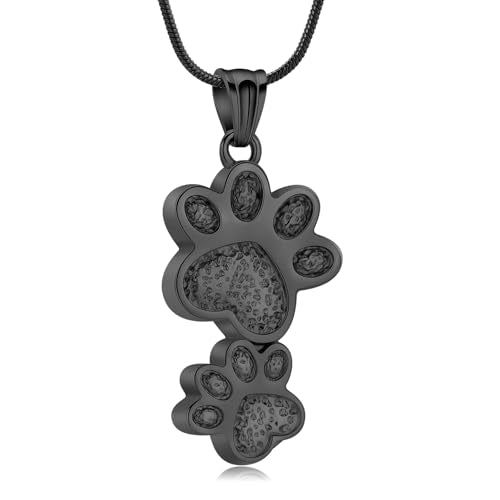 Paw Print Urn Necklace for Ashes Pet Cremation Jewelry Stainless Steel Memorial Necklaces Ash Holder for Pet/Dog/Cat Keepsake Jewelry for Loved Ones with Fill Tool - color: Black