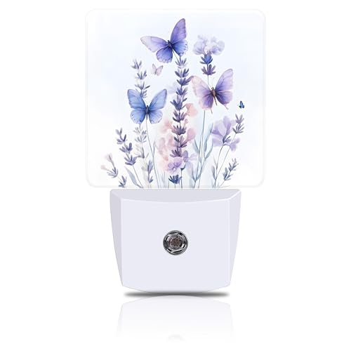 Night Light Watercolor Lavender Flower with Butterfly Night Lights Plug into Wall Smart Dusk to Dawn Sensor 0.5W Energy Efficient Led Lamp for Men Women Bedroom Hallway Stairway Decor - color: Watercolor Lavender Flower with Butterfly