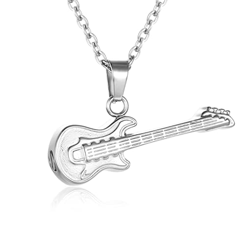 Guitar Cremation Jewelry for Ashes, Stainless Steel Guitar Shaped Urn Necklace for Men Women, Music Memorial Keepsake Pendant with Screw-Thread Chamber for Loved One - color: Silver