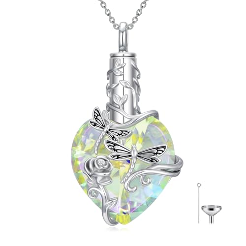 JKR Heart Urn Necklace for Ashes Crystal Keepsake Pendant Memorial Jewelry - style: Dragonfly-White Crystal