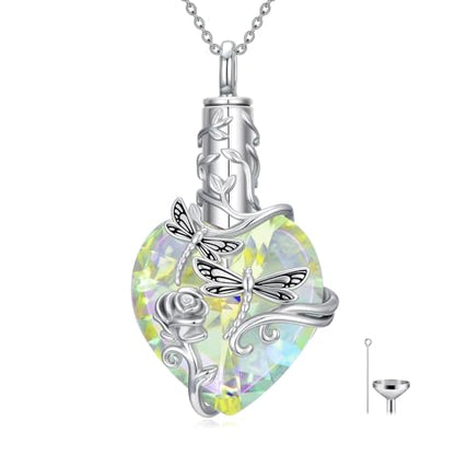 JKR Heart Urn Necklace for Ashes Crystal Keepsake Pendant Memorial Jewelry - style: Dragonfly-White Crystal