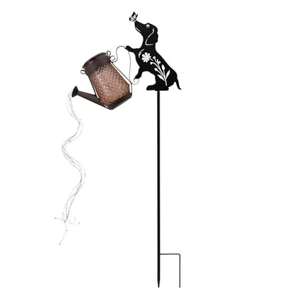 Solar Watering Can Light Dog Stake 37in Garden Waterfall LED Outdoor Art - color: Dog Watering Can