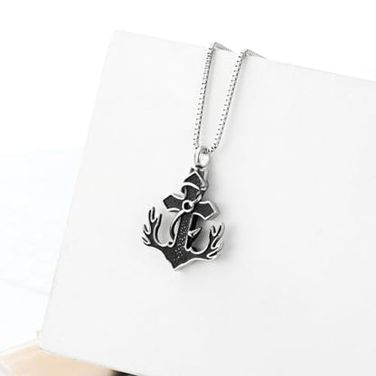 XSMZB Deer Antler Anchor Urn Necklace for Ashes Human Pet Fish Hook Cross Funeral Cremation Jewelry Keepsake Ash Pendant Memorial Necklaces - color: Silver-Black