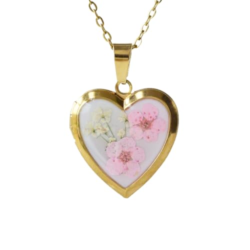 Heart Locket Necklace That Holds Pictures Pressed Flower Photo Locket Pendant Necklace for Girl Women Gift for Her - style: Gold-Pink Forget me not