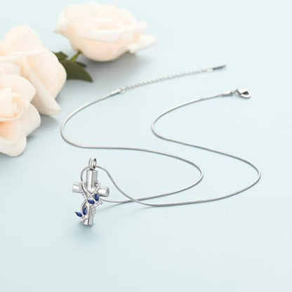 shajwo Cross Urn Necklace for Ashes Birthstone Rose Flower Cremation Jewelry for Women Gilrs Keepsake Memorial Ashes Pendant - color: Butterfly-Blue