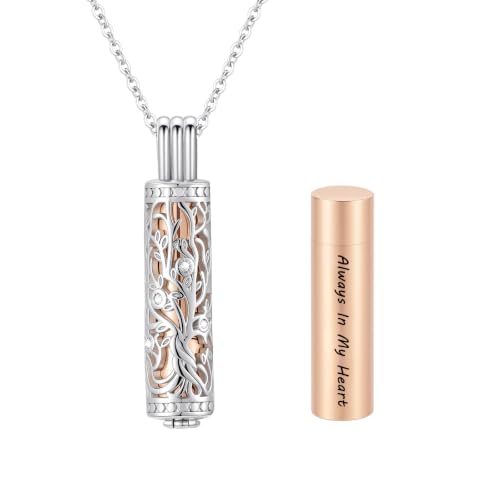 Cylinder Tree of Life Urn Necklace for Ashes Cremation Jewelry Vial Pendant for Women Men Memorial Keepsake for Loved Ones - Always In My Heart - color: Silver-Rose Gold-Always In My Heart