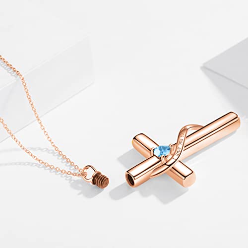 SOULMEET Personalize Solid 10k 14k 18k Real Gold Birthstone Cross Locket for Ashes, Simulated Gemstone Cross Urn Necklaces with Gold Chain Keepsake Cremation Jewelry - style: L-Custom Rose Gold December