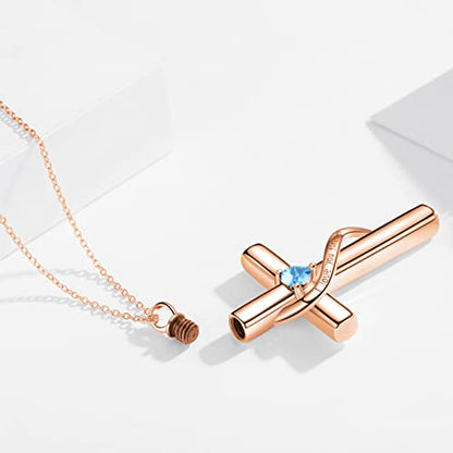 SOULMEET Personalize Solid 10k 14k 18k Real Gold Birthstone Cross Locket for Ashes, Simulated Gemstone Cross Urn Necklaces with Gold Chain Keepsake Cremation Jewelry - style: L-Custom Rose Gold December