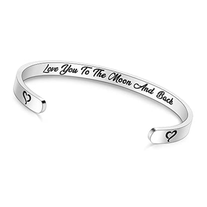 TONY & SANDY Inspirational Bracelets for Women Teen Girls Personalized Gifts for Daughter Granddaughter Mom Sister Friends Stainless Steel Engraved Cuff Birthday Easter Christmas - style: A - Love you to the moon and back