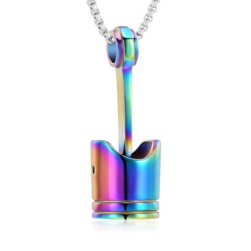 Car Parts Stainless Steel Piston Cremation Urn Necklace For Men Keepsake Memorial Jewelry Hold Ashes - color: Rainbow Color