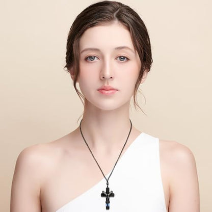 Yinkin 8 Pcs Urn Necklace for Ashes Cremation Cross Necklace Stainless Steel Cremation Jewelry Ashes Memorial Jewelry for Men Women (Black) - color: Black