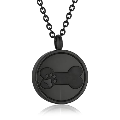 Round Pet Urn Pendant Necklace, Dog Paw Print and Bone Engraved Cremation Jewelry for Ashes, Stainless Steel Dog Keepsake Jewelry Urn Necklaces for Ashes for Women Men - color: Black
