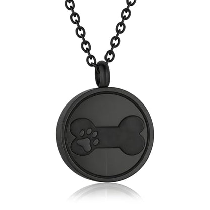 Round Pet Urn Pendant Necklace, Dog Paw Print and Bone Engraved Cremation Jewelry for Ashes, Stainless Steel Dog Keepsake Jewelry Urn Necklaces for Ashes for Women Men - color: Black