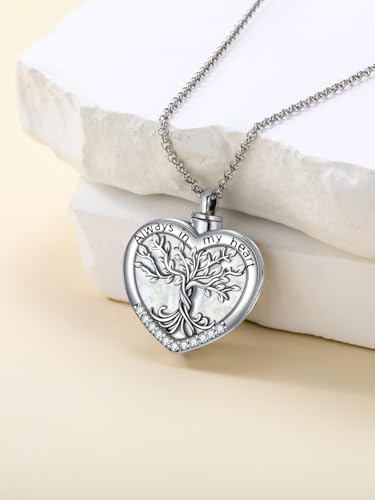 TOUPOP Tree of Life Urn Necklaces for Ashes 925 Sterling Silver Heart Cremation Jewelry Memorial Keepsake Jewelry with Funnel Filler for Women Men - color: A-Heart Tree of Life-Pearl Shell