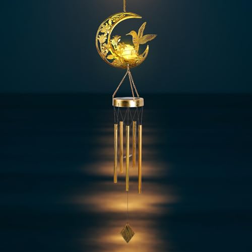 Hummningbird Solar Outdoor Wind Chimes - Unique Moon Hummingbird Design, for Mothers, Grandmothers, Sisters, Friends and Girls on Birthdays, Christmas, Thanksgiving and Mother's Day - color: Moon Hummingbird