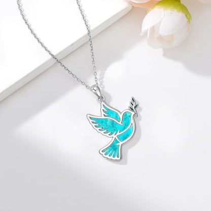 Dove/Hummingbird/Red Cardinal/Dragonfly/Butterfly Necklace 925 Sterling Silver Turquoise/Opal/MoonStone/Crystal/Malachite Bird Necklace Dove Pendant Jewelry for Women Men - color: Dove Turquoise