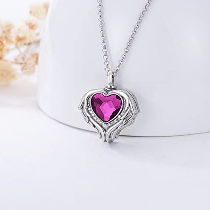 AOBOCO 925 Sterling Silver Angel Wing Heart Cremation Urn Necklace Holds Loved Ones Ashes, Memorial Keepsake Cremation Jewelry Necklace for Women - color: Silver with Purple Heart
