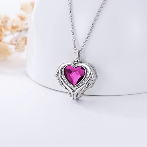 AOBOCO 925 Sterling Silver Angel Wing Heart Cremation Urn Necklace Holds Loved Ones Ashes, Memorial Keepsake Cremation Jewelry Necklace for Women - color: Silver with Purple Heart