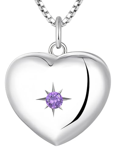 YL Heart Locket Picture Necklace Sterling Silver Personalized Photo Pendant Birthstone Jewelry for Women - color: 02-amethyst-Feb