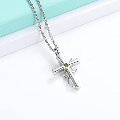 shajwo Cross Urn Necklace for Ashes Birthstone Rose Flower Cremation Jewelry for Women Gilrs Keepsake Memorial Ashes Pendant - color: Yellow