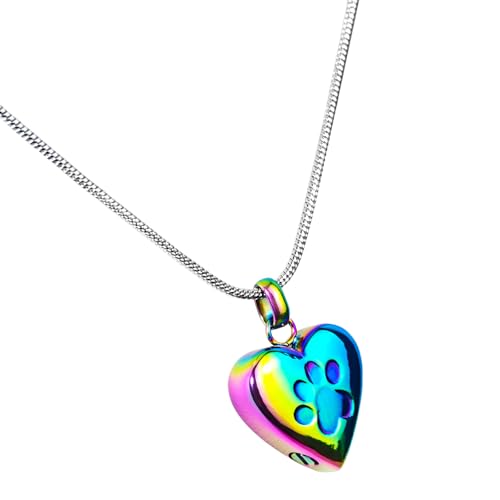 Paw Print Heart Pet Ashes Urn Necklace, Keepsake Pendant-Rainbow - style: Rainbow