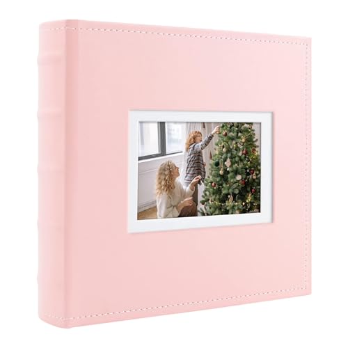 Photo Album Hold 200 4x6 Photos with Front Window for DIY (Pink) | Memo Writing Space,Suede Faux Leather Picture Albums, Picture Book 200 Pockets Fits 4x6 Photo, Travel Wedding Memories - color: Pink