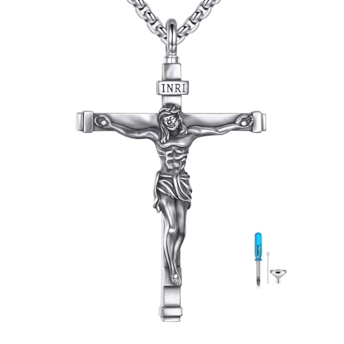 925 Sterling Silver Cross Necklace for Men & Women Crucifix Jesus/Cross Pendant with 22"+2" Stainless Steel Chain Jewelry Gift for Christmas, Father's Day, Mother's Day, Birthday-Gift Box Included - style: C03 Crucifix Urn