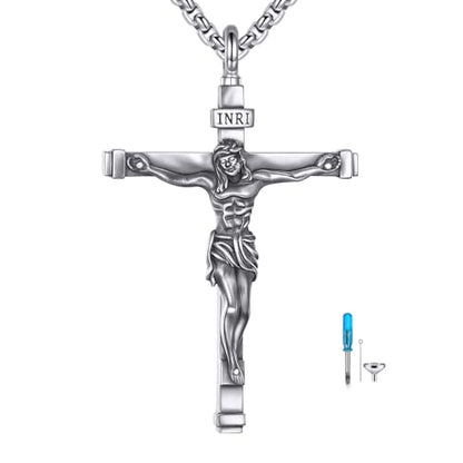 925 Sterling Silver Cross Necklace for Men & Women Crucifix Jesus/Cross Pendant with 22"+2" Stainless Steel Chain Jewelry Gift for Christmas, Father's Day, Mother's Day, Birthday-Gift Box Included - style: C03 Crucifix Urn