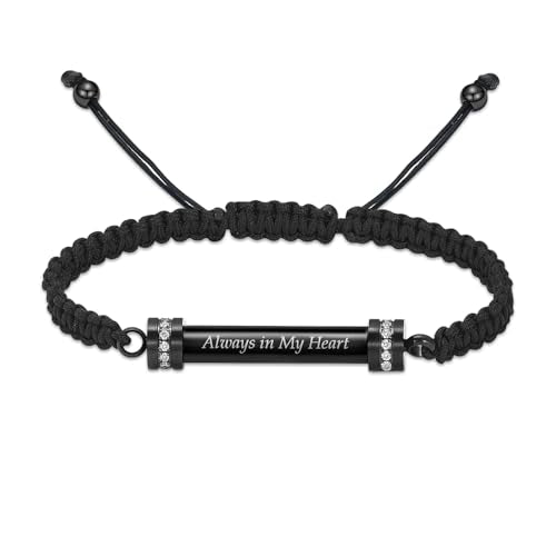 Hearbeingt Cylinder Cremation Bracelet for Ashes Adjustable Rope Urn Bangle - color: C-Black Always in my Heart